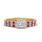 Load image into Gallery viewer, three-quarter-princess-cut-diamond-gallery-bridal-ring-set-with-pink-sapphire-in-FD9168PRGSADRPIANGLE3-NL-YG