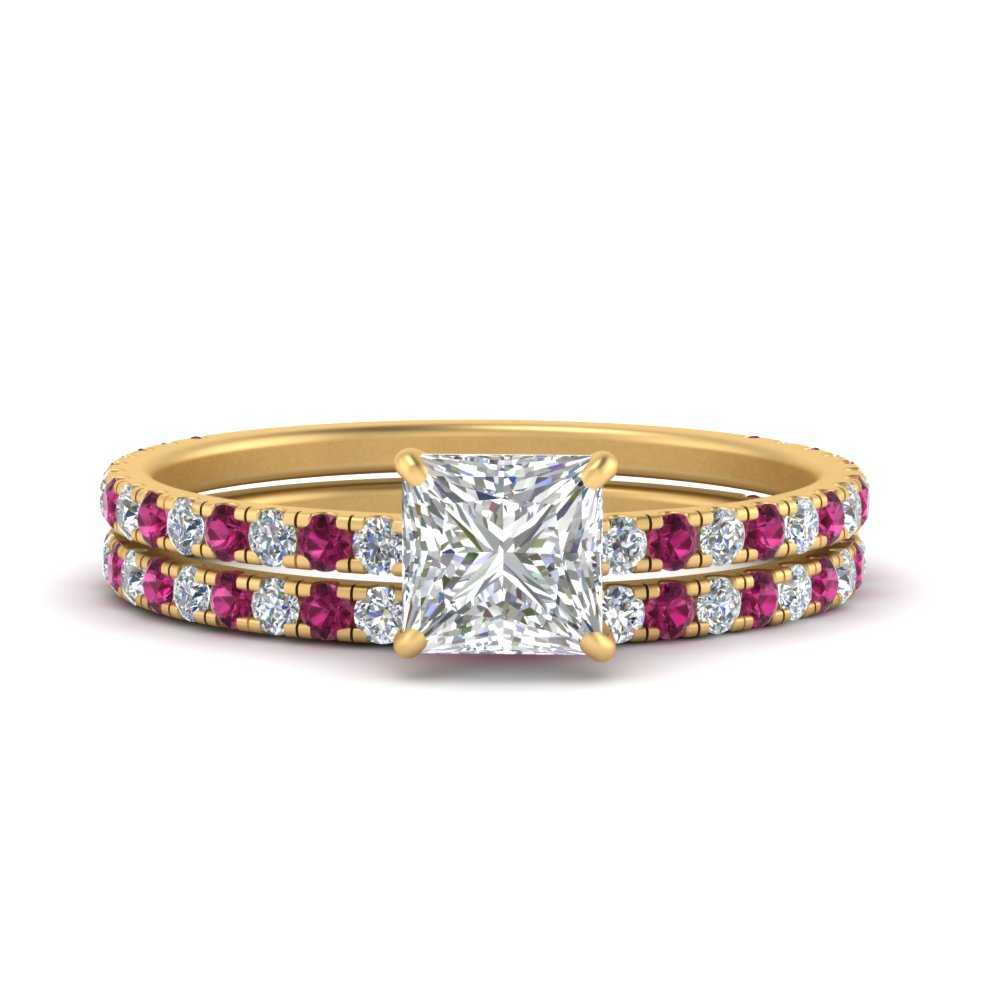three-quarter-princess-cut-diamond-gallery-bridal-ring-set-with-pink-sapphire-in-FD9168PRGSADRPIANGLE3-NL-YG