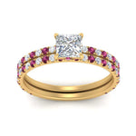 Load image into Gallery viewer, three-quarter-princess-cut-diamond-gallery-bridal-ring-set-with-pink-sapphire-in-FD9168PRGSADRPIANGLE3-NL-YG
