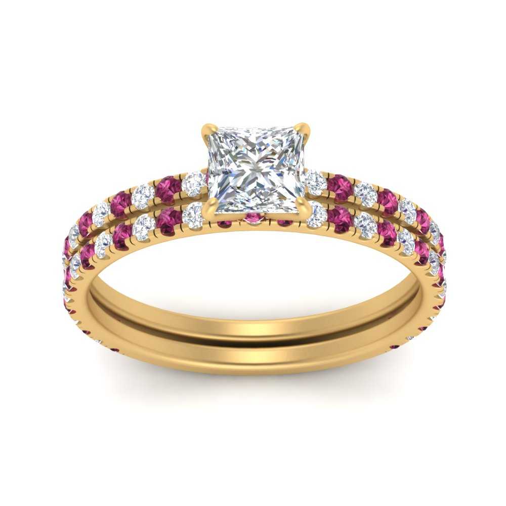 three-quarter-princess-cut-diamond-gallery-bridal-ring-set-with-pink-sapphire-in-FD9168PRGSADRPIANGLE3-NL-YG