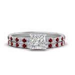 Load image into Gallery viewer, three-quarter-princess-cut-diamond-gallery-bridal-ring-set-with-ruby-in-FD9168PRGRUDRANGLE3-NL-WG
