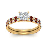 Load image into Gallery viewer, three-quarter-princess-cut-diamond-gallery-bridal-ring-set-with-ruby-in-FD9168PRGRUDRANGLE3-NL-YG
