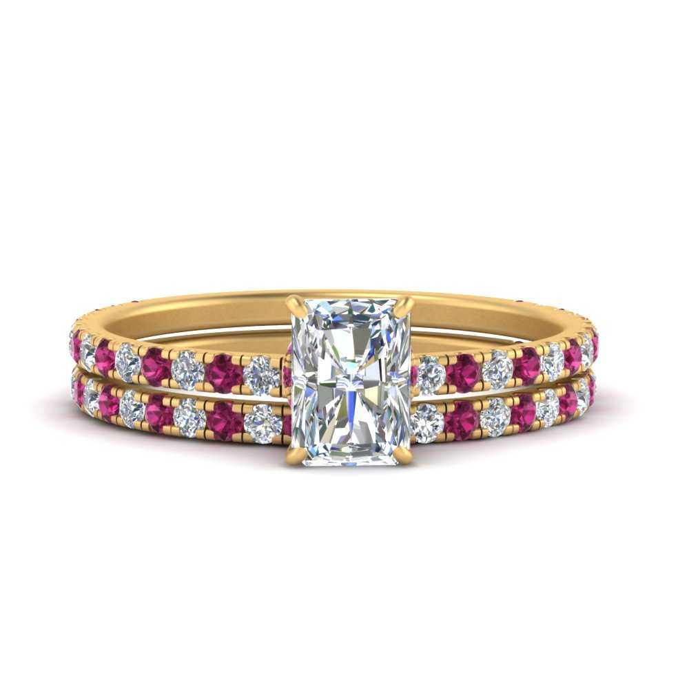three-quarter-radiant-cut-diamond-gallery-bridal-ring-set-with-pink-sapphire-in-FD9168RAGSADRPIANGLE3-NL-YG