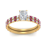 Load image into Gallery viewer, three-quarter-radiant-cut-diamond-gallery-bridal-ring-set-with-pink-sapphire-in-FD9168RAGSADRPIANGLE3-NL-YG