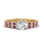 Load image into Gallery viewer, three-quarter-round-cut-diamond-gallery-bridal-ring-set-with-pink-sapphire-in-FD9168ROGSADRPIANGLE3-NL-YG
