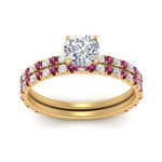 Load image into Gallery viewer, three-quarter-round-cut-diamond-gallery-bridal-ring-set-with-pink-sapphire-in-FD9168ROGSADRPIANGLE3-NL-YG
