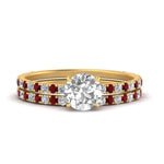 Load image into Gallery viewer, three-quarter-round-cut-diamond-gallery-bridal-ring-set-with-ruby-in-FD9168ROGRUDRANGLE3-NL-YG
