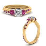 Load image into Gallery viewer, three-stone-twisted-asscher-cut-vine-diamond-ring-with-pink-sapphire-in-yellow-gold-FDENS3301ASRGSADRPI-NL-YG.jpg
