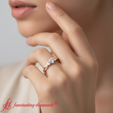 Three Stone Heart Sahped Cultured Twisted Vine Ring