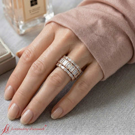 Round Emerald Baguette Cut Diamond Trio Stackable Ring