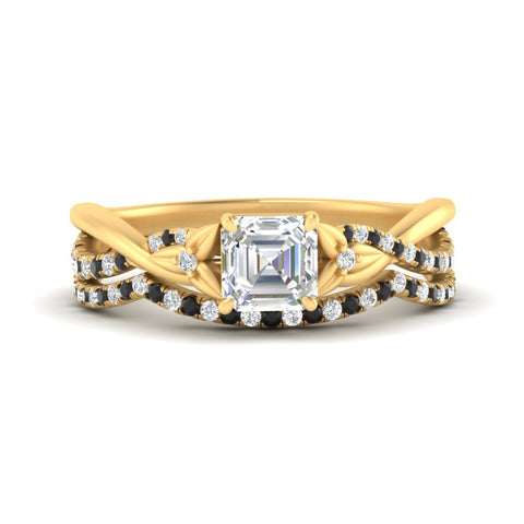 twisted-daisy-asscher-black-diamond-bridal-ring-set-in-yellow-gold-FD9986B2ASGBLACK-NL-YG