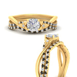 Load image into Gallery viewer, twisted-daisy-cushion-black-diamond-bridal-ring-set-in-yellow-gold-FD9986B2CUGBLACK-NL-YG
