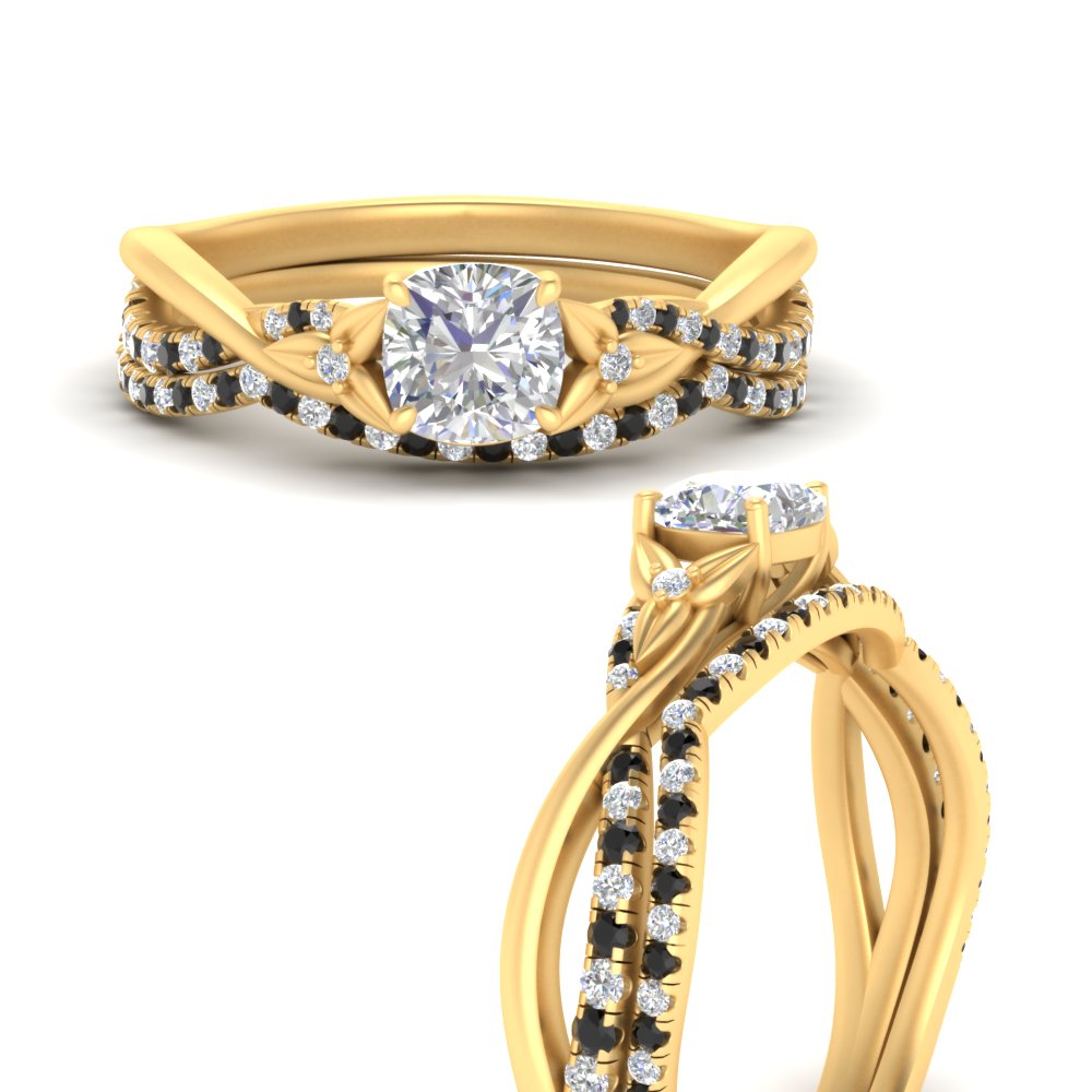 twisted-daisy-cushion-black-diamond-bridal-ring-set-in-yellow-gold-FD9986B2CUGBLACK-NL-YG