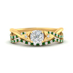 Load image into Gallery viewer, twisted-daisy-cushion-emerald-bridal-ring-set-in-yellow-gold-FD9986B2CUGEMGR-NL-YG
