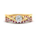 Load image into Gallery viewer, twisted-daisy-cushion-pink-sapphire-bridal-ring-set-in-yellow-gold-FD9986B2CUGSADRPI-NL-YG
