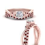 Load image into Gallery viewer, twisted-daisy-cushion-ruby-bridal-ring-set-in-rose-gold-FD9986B2CUGRUDR-NL-RG
