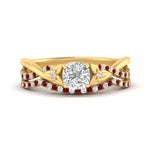 Load image into Gallery viewer, twisted-daisy-cushion-ruby-bridal-ring-set-in-yellow-gold-FD9986B2CUGRUDR-NL-YG
