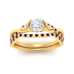 Load image into Gallery viewer, twisted-daisy-cushion-ruby-bridal-ring-set-in-yellow-gold-FD9986B2CUGRUDR-NL-YG

