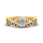 Load image into Gallery viewer, twisted-daisy-emerald-cut-black-diamond-bridal-ring-set-in-yellow-gold-FD9986B2EMGBLACK-NL-YG
