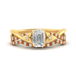 Load image into Gallery viewer, twisted-daisy-emerald-cut-orange-sapphire-bridal-ring-set-in-yellow-gold-FD9986B2EMGSAOR-NL-YG
