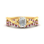 Load image into Gallery viewer, twisted-daisy-emerald-cut-pink-sapphire-bridal-ring-set-in-yellow-gold-FD9986B2EMGSADRPI-NL-YG
