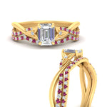 Load image into Gallery viewer, twisted-daisy-emerald-cut-pink-sapphire-bridal-ring-set-in-yellow-gold-FD9986B2EMGSADRPI-NL-YG
