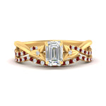 Load image into Gallery viewer, twisted-daisy-emerald-cut-ruby-bridal-ring-set-in-yellow-gold-FD9986B2EMGRUDR-NL-YG
