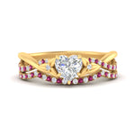 Load image into Gallery viewer, twisted-daisy-heart-pink-sapphire-bridal-ring-set-in-yellow-gold-FD9986B2HTGSADRPI-NL-YG
