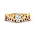 Load image into Gallery viewer, twisted-daisy-pear-ruby-bridal-ring-set-in-yellow-gold-FD9986B2PEGRUDR-NL-YG
