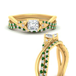 Load image into Gallery viewer, twisted-daisy-princess-cut-emerald-bridal-ring-set-in-yellow-gold-FD9986B2PRGEMGR-NL-YG
