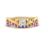 Load image into Gallery viewer, twisted-daisy-princess-cut-pink-sapphire-bridal-ring-set-in-yellow-gold-FD9986B2PRGSADRPI-NL-YG
