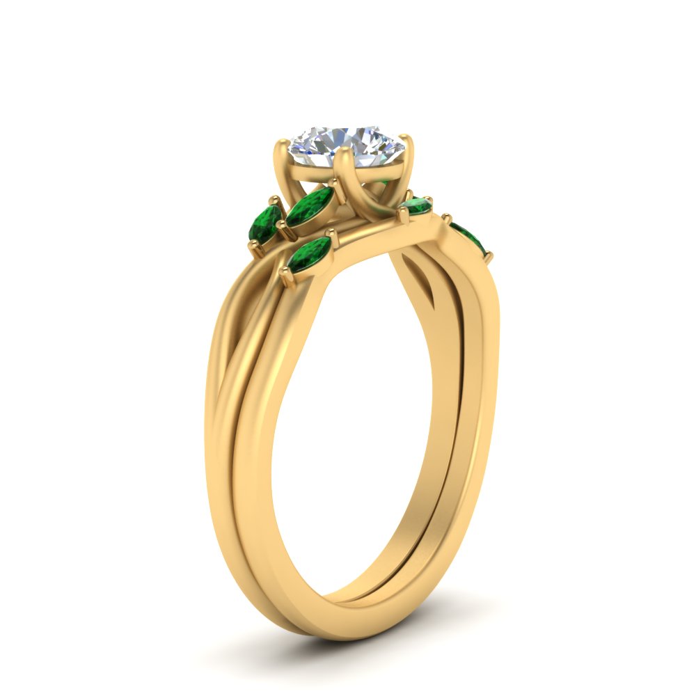 twisted-diamond-round-cut-wedding-band-sets-with-emerald-in-yellow-gold-FD8300ROGEMGR-NL-YG