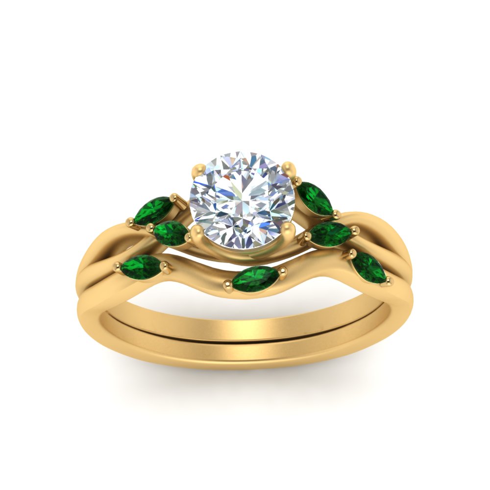 twisted-diamond-round-cut-wedding-band-sets-with-emerald-in-yellow-gold-FD8300ROGEMGR-NL-YG