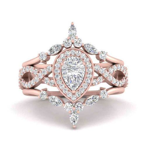Twisted Pear Halo Wedding Ring Set