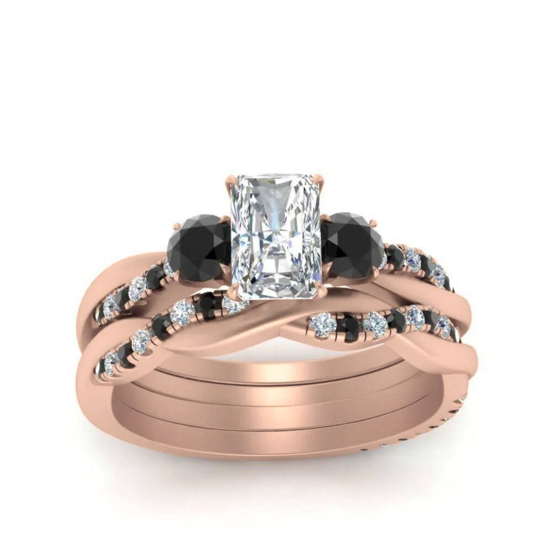 Radiant Cut 3 Stone Twist Engagement Ring And Band