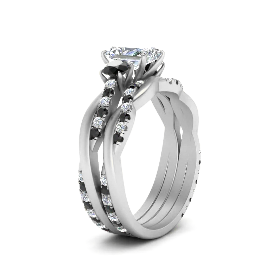 Radiant Cut 3 Stone Twist Engagement Ring And Band