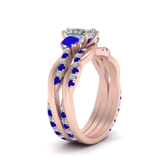 Radiant Cut 3 Stone Twist Engagement Ring And Band