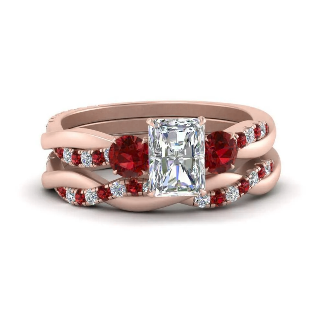 Radiant Cut 3 Stone Twist Engagement Ring And Band