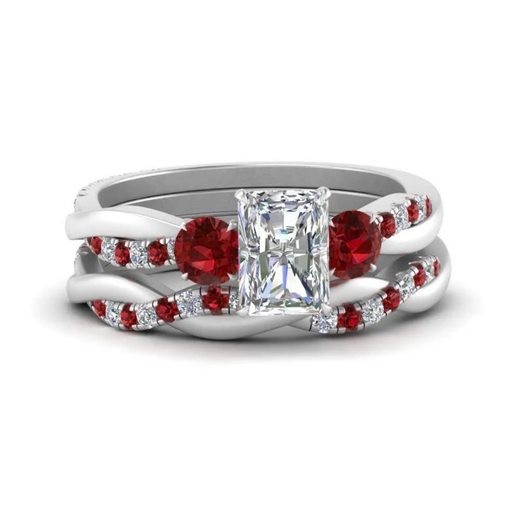 Radiant Cut 3 Stone Twist Engagement Ring And Band