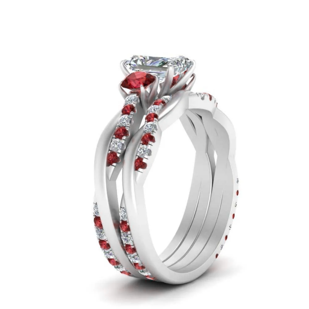Radiant Cut 3 Stone Twist Engagement Ring And Band
