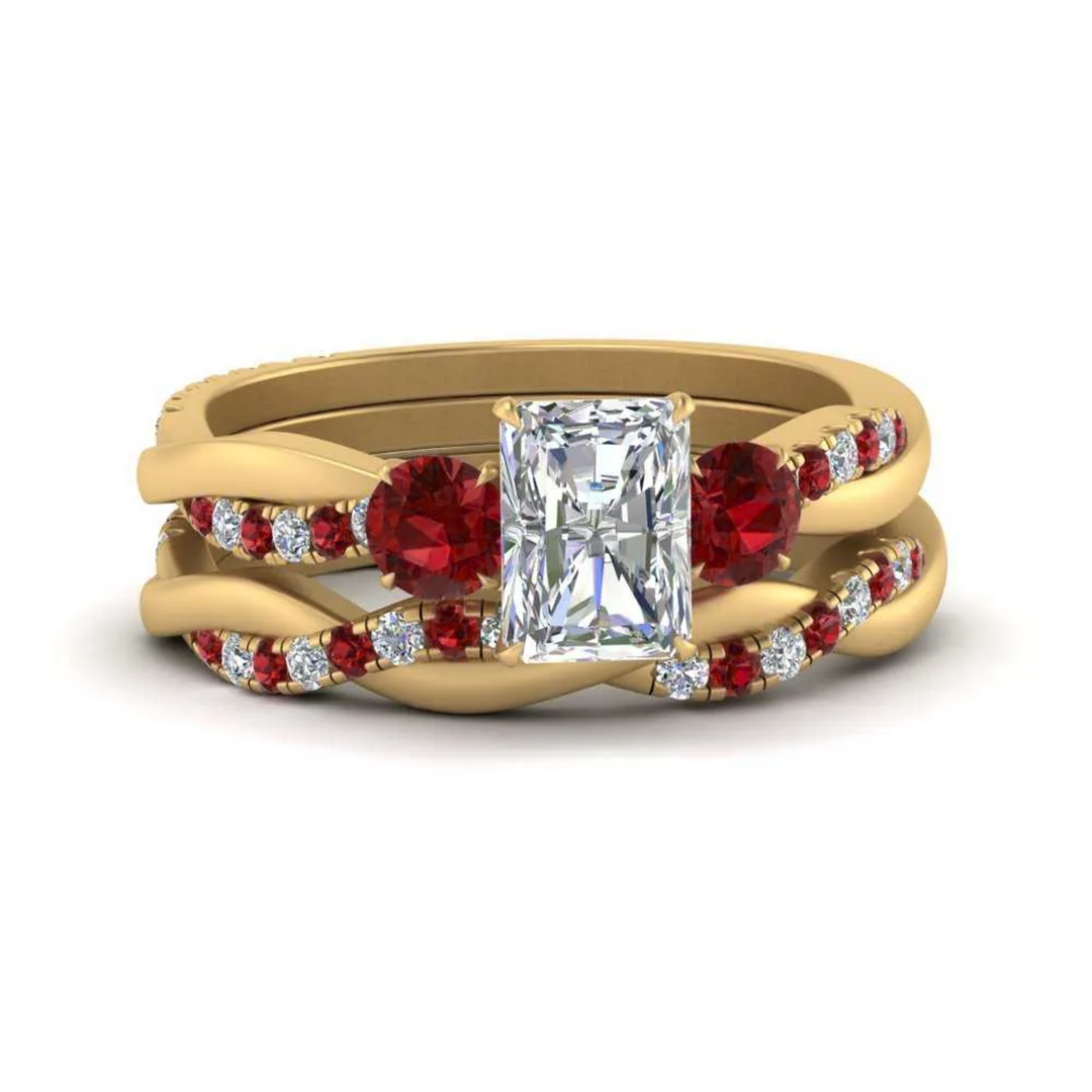 Radiant Cut 3 Stone Twist Engagement Ring And Band