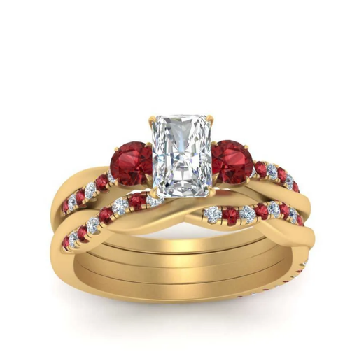 Radiant Cut 3 Stone Twist Engagement Ring And Band