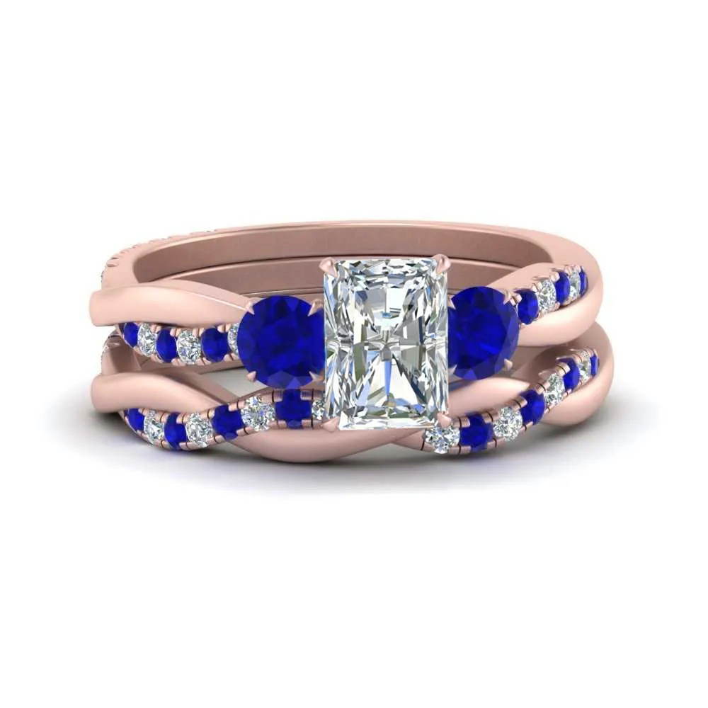 Radiant Cut 3 Stone Twist Engagement Ring And Band