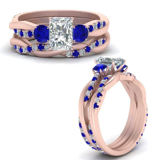 Radiant Cut 3 Stone Twist Engagement Ring And Band