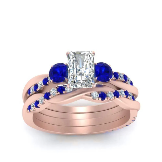 Radiant Cut 3 Stone Twist Engagement Ring And Band