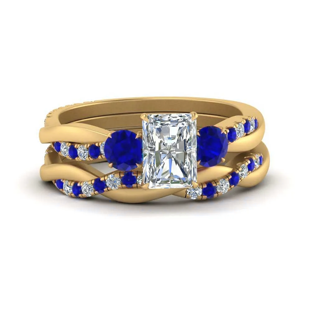 Radiant Cut 3 Stone Twist Engagement Ring And Band