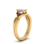 Load image into Gallery viewer, twisted-vine-emerald-cut-bridal-ruby-ring-set-with-plain-shank-in-yellow-gold-FD8300EMB1GRUDR-NL-YG.jpg
