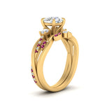 Load image into Gallery viewer, twisted-vine-vintage-band-round-cut-diamond-wedding-ring-set-with-pink-sapphire-in-yellow-gold-FD10981ROGSADRPIANGLE3-NL-YG.jpg