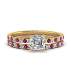 Load image into Gallery viewer, underhalo-eternity-asscher-cut-diamond-wedding-band-set-with-pink-sapphire-in-FD9168ASGSADRPIANGLE3-NL-YG