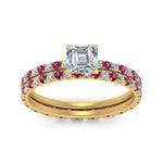 Load image into Gallery viewer, underhalo-eternity-asscher-cut-diamond-wedding-band-set-with-pink-sapphire-in-FD9168ASGSADRPIANGLE3-NL-YG